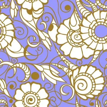 Seamless pattern of large white flowers with a golden outline on a blue Stock Illustration