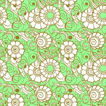Seamless pattern of large white flowers with a golden outline on a green ba.. Illustrazione stock