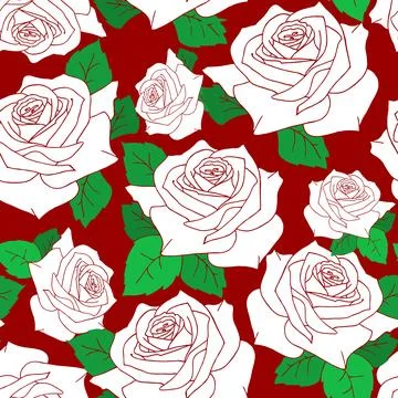 Seamless pattern of large white rose flowers with leaves on a red Stock Illustration