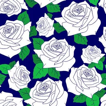 Seamless pattern of large white rose flowers with leaves on a blue Stock Illustration