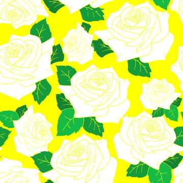 Seamless pattern of large white rose flowers on a yellow background Illustrazione stock