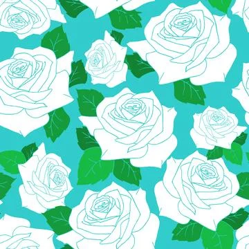 Seamless pattern of large white rose flowers on a blue background, texture,.. Stock Illustration