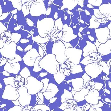 Seamless pattern of large white silhouettes of orchids on a blue background.. Stock Illustration