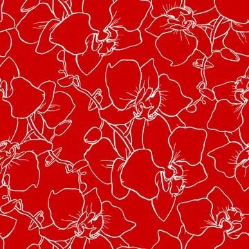 Seamless pattern of large white silhouettes of orchids on a red background,.. Illustrazione stock