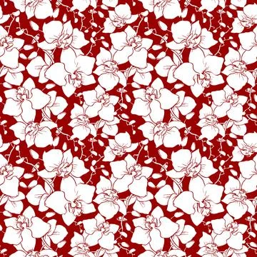 Seamless pattern of large white silhouettes of orchids on a red background,.. Stock Illustration