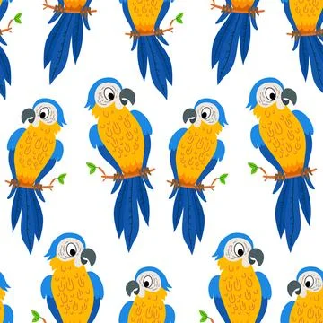 Seamless pattern with large yellow blue macaw parrots. Wildlife of the jungle Stock Illustration