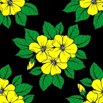 Seamless pattern of large yellow flowers on a black background, texture, desi Stock Illustration