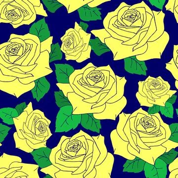 Seamless pattern of large yellow rose flowers with leaves on a blue Stock Illustration