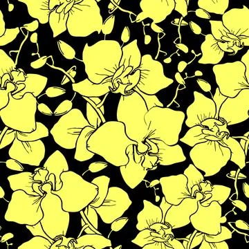 Seamless pattern of large yellow silhouettes of orchids on a black backgrou.. Stock Illustration