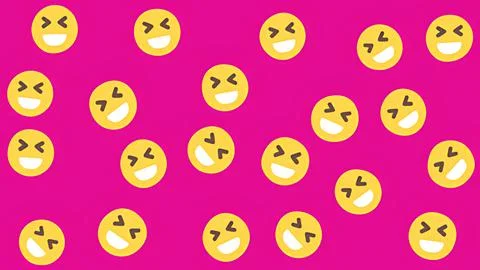 Seamless pattern of laughing yellow emoji faces on vibrant pink background .. Stock Illustration