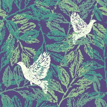 Seamless pattern with laurel branches and pigeons Stock Illustration