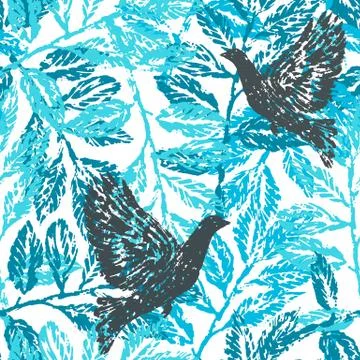 Seamless pattern with laurel branches and pigeons Stock Illustration