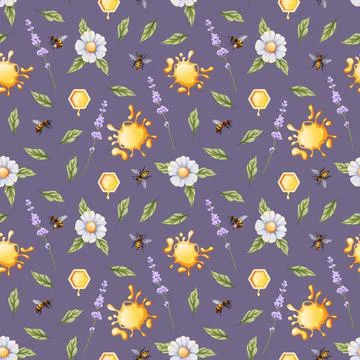 Seamless pattern with lavender branch, honey drops, daisies, bees on a dark b 库存插图