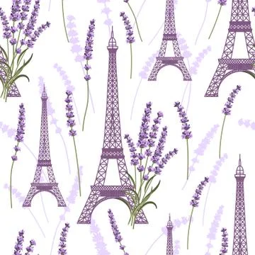 Seamless pattern with lavender flowers and eiffel towers. Stock Illustration