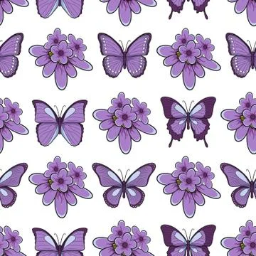 Seamless pattern with lavender flowers and butterflies. Isolated vector objects. Stock Illustration