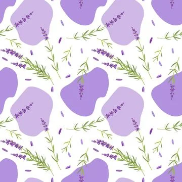Seamless pattern with lavender flowers and geometric spots. Lavender plant Illustrazione stock