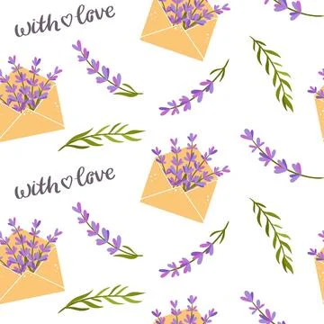 Seamless pattern with lavender sprigs and envelopes, soft purple and pink hues Stock Illustration