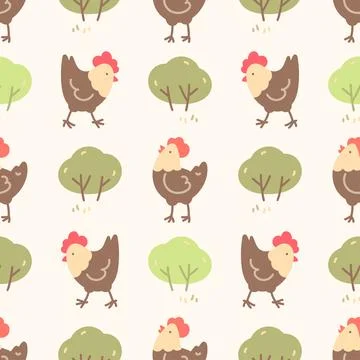 Seamless pattern with laying hens and eggs. Farm 스톡 일러스트