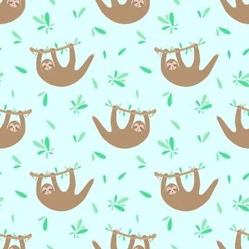 Seamless pattern of lazy cute sloths and leaves. Hand-drawn illustration of s 스톡 일러스트