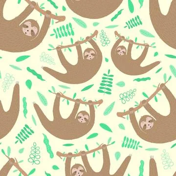 Seamless pattern of lazy sloths and leaves. Hand-drawn illustration of sloth  Stock Illustration