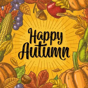 Seamless pattern leaf, acorn, chestnut, friuits, vegetables, acorn. Happy Aut Illustrazione stock