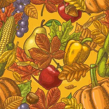Seamless pattern leaf, acorn, chestnut, friuits, vegetables and acorn. Illustrazione stock