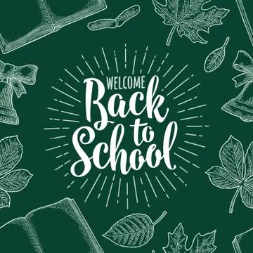 Seamless pattern with leaf, book , bell, lettering Back to School. Stock Illustration