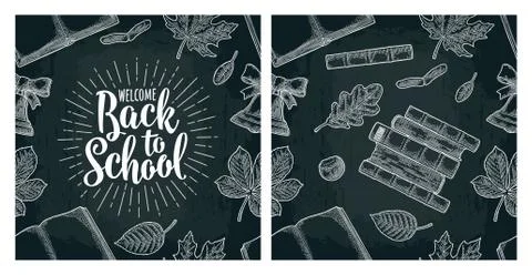 Seamless pattern with leaf, book , bell, lettering Back to School. Stock Illustration