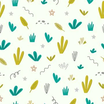 Seamless pattern with leaf branches, blades of grass, shapes, flowers highlig Stock Illustration