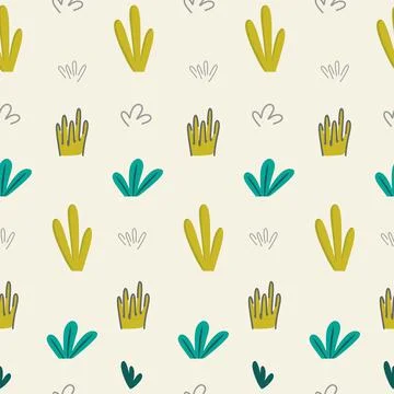 Seamless pattern with leaf branches, blades of grass, shapes, flowers highlig Stock Illustration