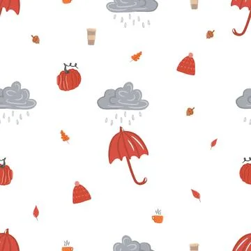 Seamless pattern with leaf fall, cozy rainy day, Hygge, raindrops falling from a Stock Illustration