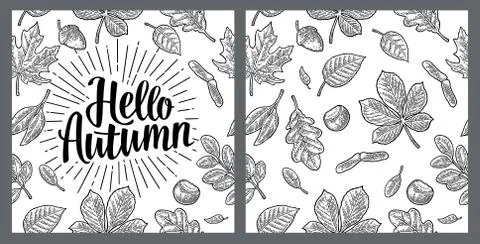 Seamless pattern leafs, acorn, chestnut and seed. Hello Autumn lettering. Stock Illustration