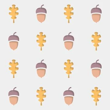 Seamless pattern, leaves, acorns, gray background. Vector Illustrazione stock