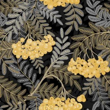 Seamless pattern with leaves and ash-berry rowanberry. Vector illustration Stock Illustration