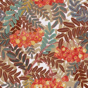 Seamless pattern with leaves and ash-berry rowanberry. Vector illustration Stock Illustration