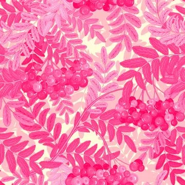 Seamless pattern with leaves and ash-berry rowanberry. Vector illustration Stock Illustration