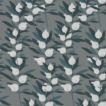 Seamless pattern with leaves and berries on gray background. Floral wallpaper Stock Illustration