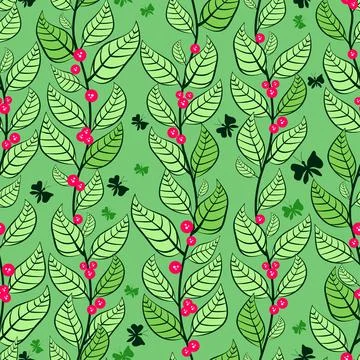 Seamless pattern with leaves and berries. Stock Illustration