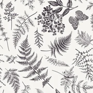 Seamless pattern with leaves and butterfly. Illustrazione stock