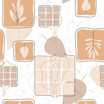 Seamless pattern with leaves and decorative elements in pastel shades of gray Stock Illustration