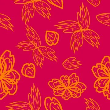 Seamless pattern with leaves and flowers linocut style Stock Illustration