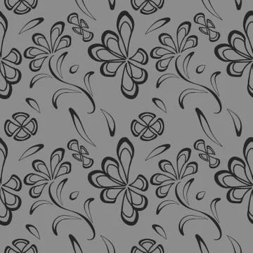 Seamless pattern with leaves and flowers linocut style Stock Illustration