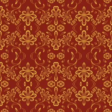 Seamless pattern with leaves and flowers linocut style Stock Illustration