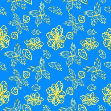 Seamless pattern with leaves and flowers linocut style Stock Illustration