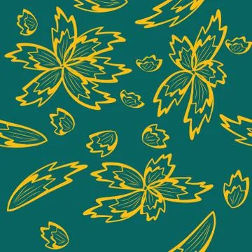 Seamless pattern with leaves and flowers linocut style Stock Illustration