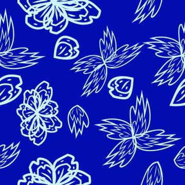 Seamless pattern with leaves and flowers linocut style Stock Illustration