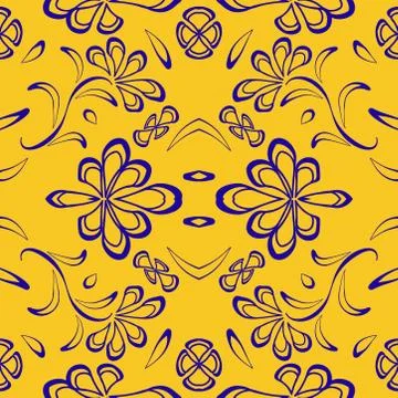 Seamless pattern with leaves and flowers linocut style Stock Illustration