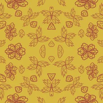 Seamless pattern with leaves and flowers linocut style Stock Illustration