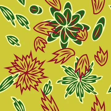 Seamless pattern with leaves and flowers linocut style Stock Illustration