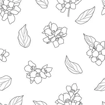 Seamless pattern with leaves and flowers. Outline of plant on white background Illustrazione stock
